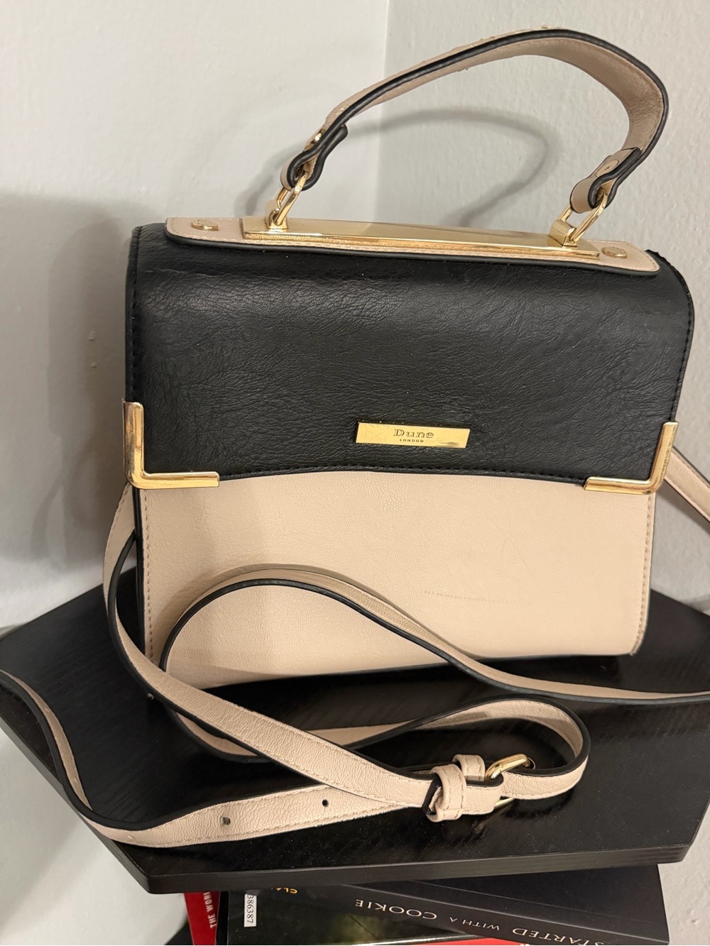 Dune London Black and Beige Structured Top-Handle Satchel